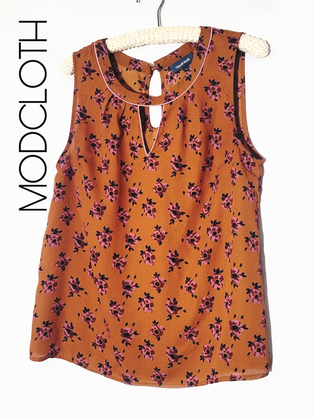 Modcloth Rust Floral Sleeveless Keyhole Blouse with Pink Accents